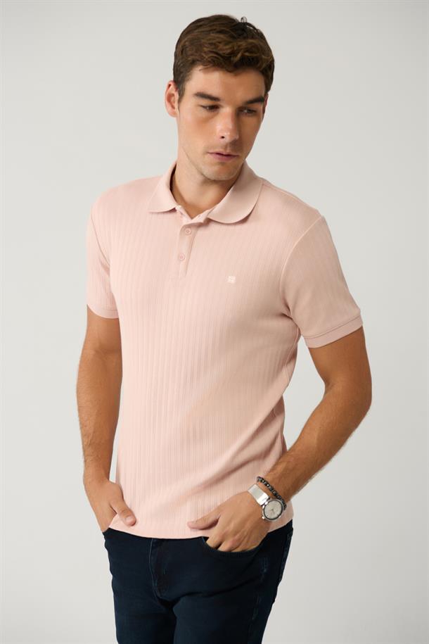 Açık Pembe T-Shirt Fermuarlı Jakarlı Regular Fit 