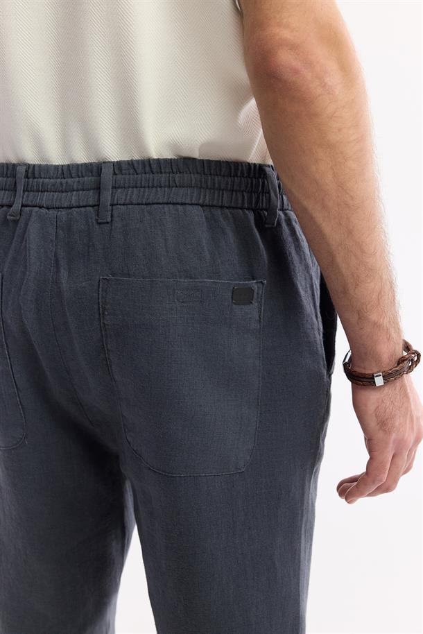Antrasit Beli Lastikli %100 Keten Pantolon