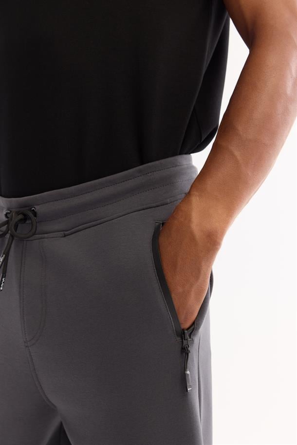 Antrasit Beli Lastikli Bağcıklı Bi Stretch İnterlok Eşofman Altı