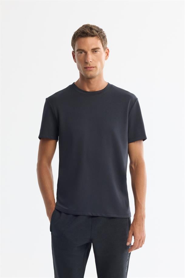 Antrasit Bisiklet Yaka Baskılı Esnek Kumaş T-Shirt