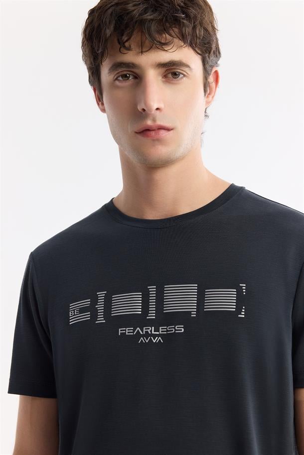 Antrasit Bisiklet Yaka Baskılı Shoft Touch Flamlı T-Shirt