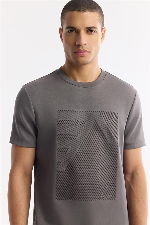 Antrasit Bisiklet Yaka Enjeksiyon Baskılı İnterlok T-Shirt