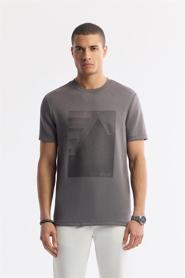 Antrasit Bisiklet Yaka Enjeksiyon Baskılı İnterlok T-Shirt