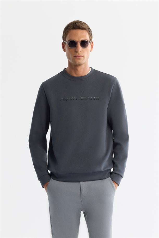 Antrasit Bisiklet Yaka Pamuklu Baskılı Sweatshirt