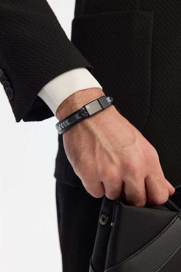 Anthracite Leather and Stone Beaded Bracelet