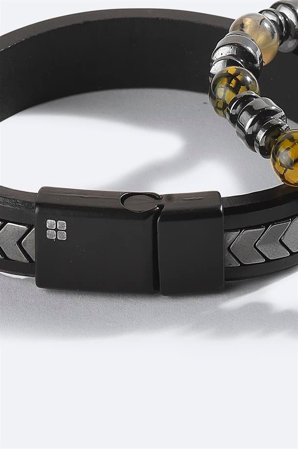 Anthracite Leather and Stone Beaded Bracelet