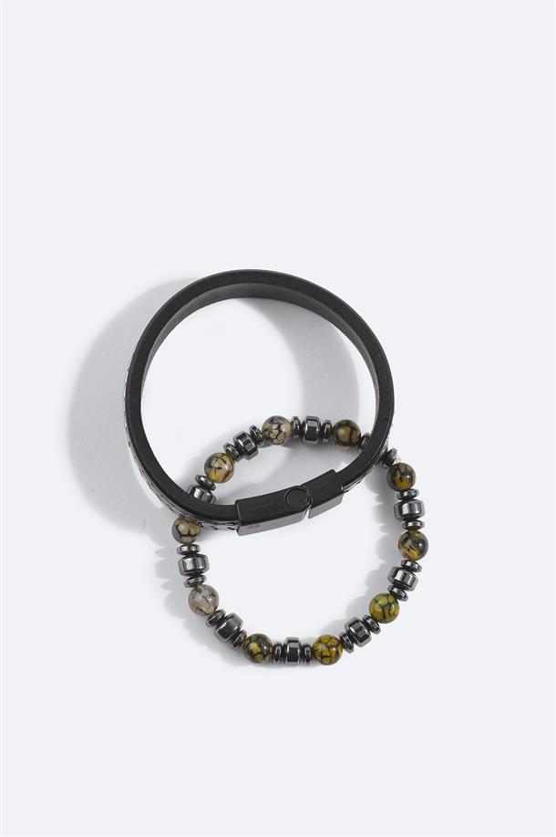 Anthracite Leather and Stone Beaded Bracelet