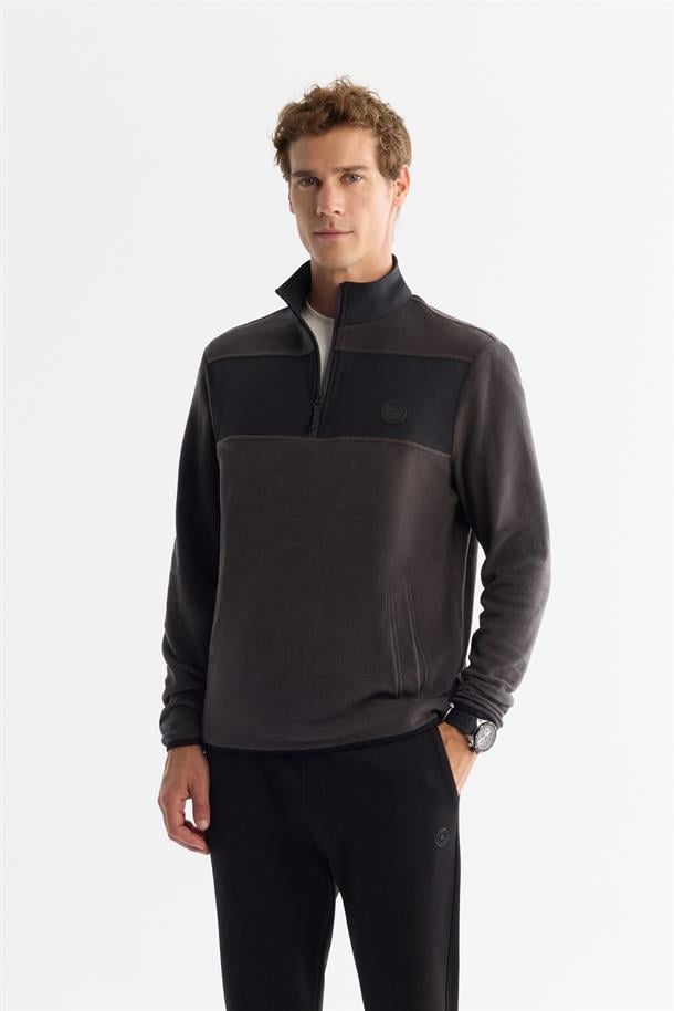 Antrasit Fermuarlı Dik Yaka Polar Sweatshirt