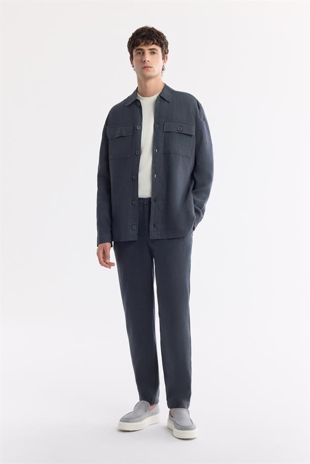 Antrasit Klasik Yaka %100 Keten Comfort Fit Gömlek Ceket