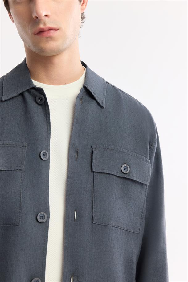 Antrasit Klasik Yaka %100 Keten Comfort Fit Gömlek Ceket