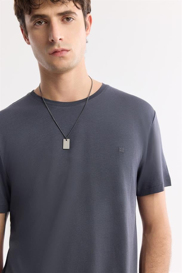 Antrasit Soft Touch Bisiklet Yaka Düz Modal T-Shirt