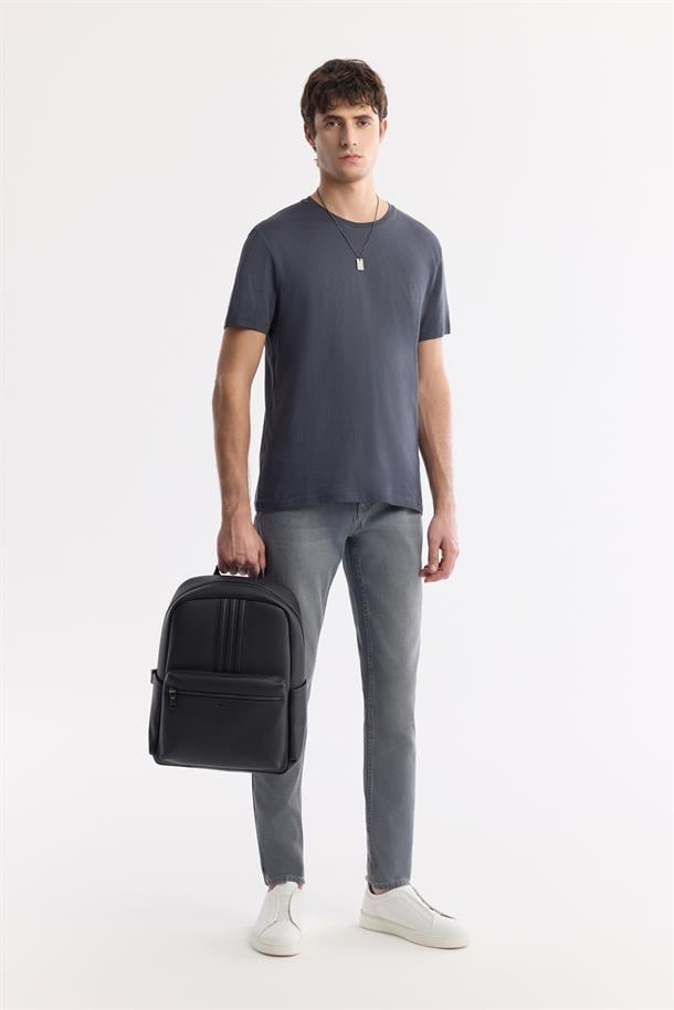 Antrasit Soft Touch Bisiklet Yaka Düz Modal T-Shirt