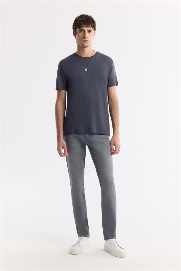 Antrasit Soft Touch Bisiklet Yaka Düz Modal T-Shirt