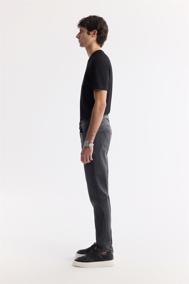 Antrasit Taş Yıkamalı Örme Slim Fit Denim Pantolon