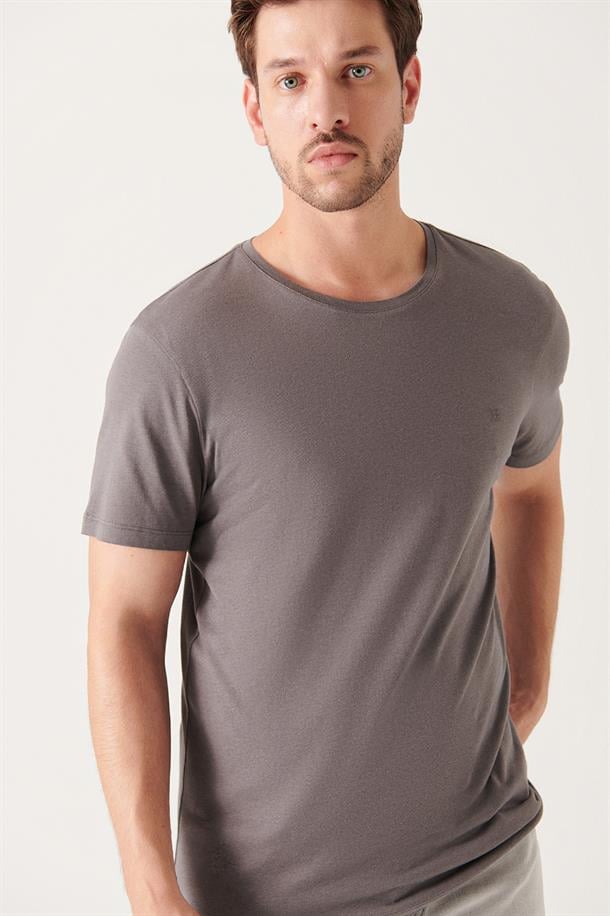 Antrasit Ultrasoft Bisiklet Yaka Düz Regular Fit Modal T-Shirt