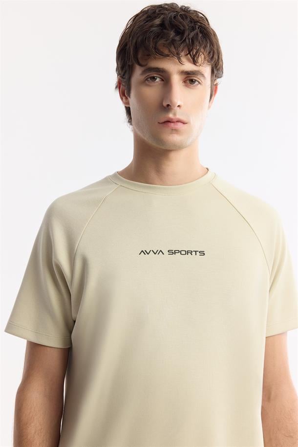 Bej %100 Pamuk Bisiklet Yaka Baskılı T-Shirt