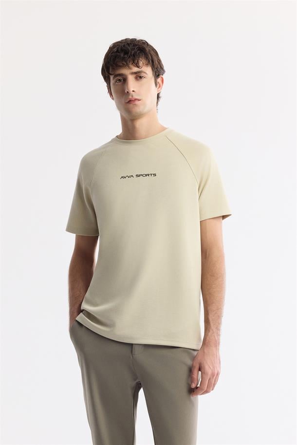 Bej %100 Pamuk Bisiklet Yaka Baskılı T-Shirt