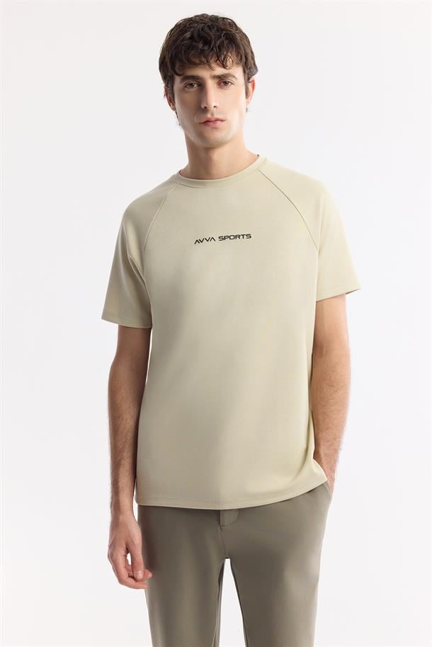 Bej %100 Pamuk Bisiklet Yaka Baskılı T-Shirt