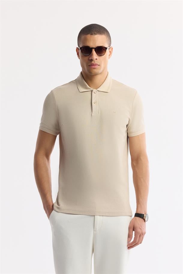 Bej %100 Pamuk Hızlı Kuruyan Kıvrılmayan Polo Yaka T-Shirt