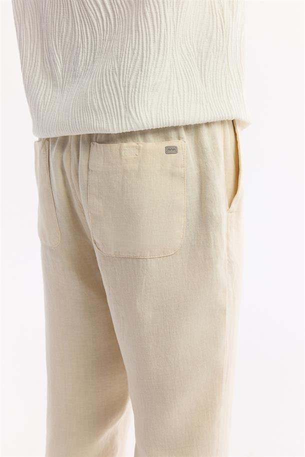 Bej Beli Lastikli %100 Keten Pantolon