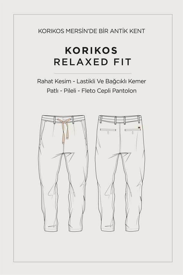 Bej Beli Lastikli Bağcıklı Ketenli Pamuk Dokulu Korıkos Relaxed Fit Chino Pantolon