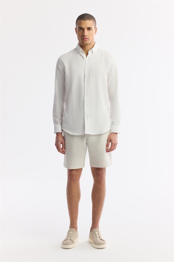 Bej Beli Lastikli Çizgili Assos Relaxed Fit Şort