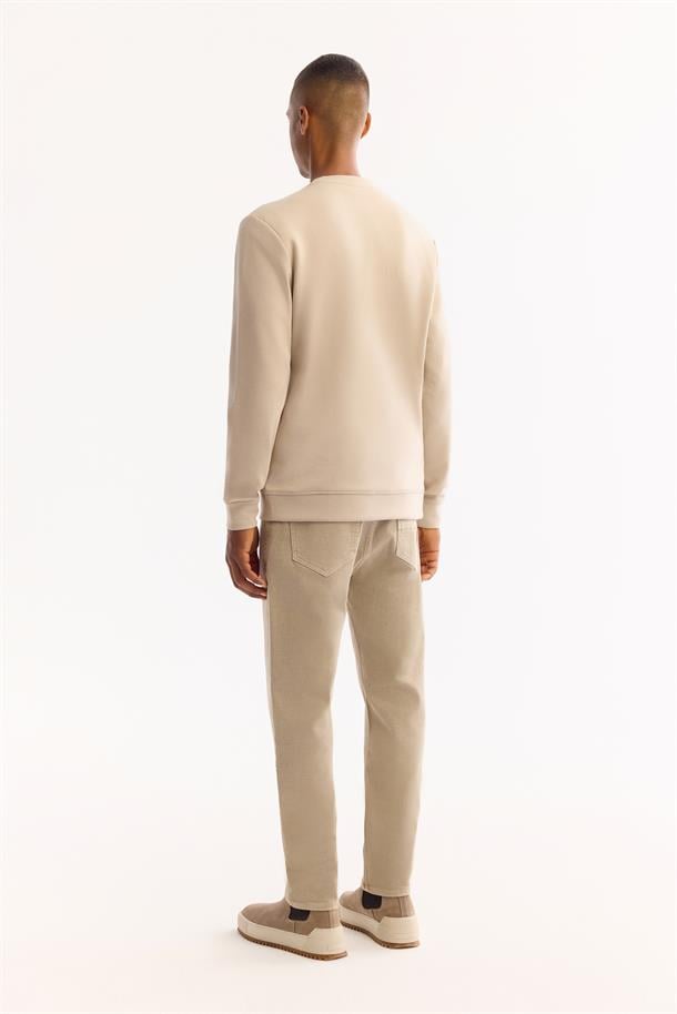Bej Bisiklet Yaka Göğsü Hologram Baskı  İnterlok Sweatshirt