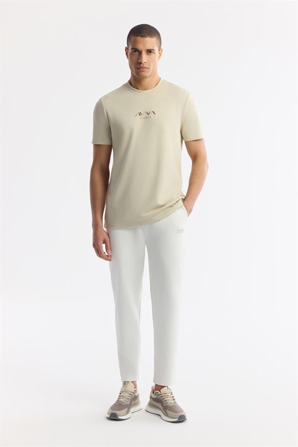Bej Bisiklet Yaka Hologram Baskılı İnterlok T-Shirt