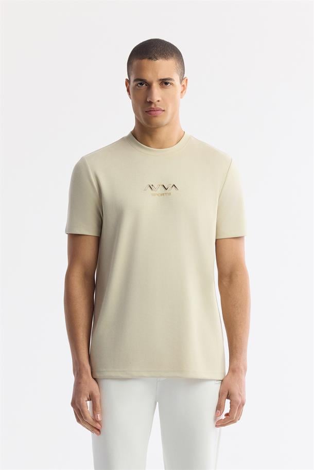 Bej Bisiklet Yaka Hologram Baskılı İnterlok T-Shirt