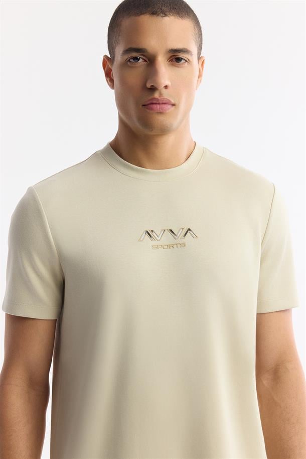 Bej Bisiklet Yaka Hologram Baskılı İnterlok T-Shirt