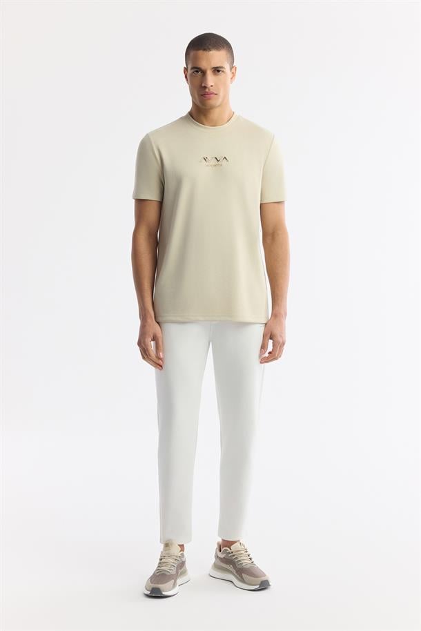 Bej Bisiklet Yaka Hologram Baskılı İnterlok T-Shirt