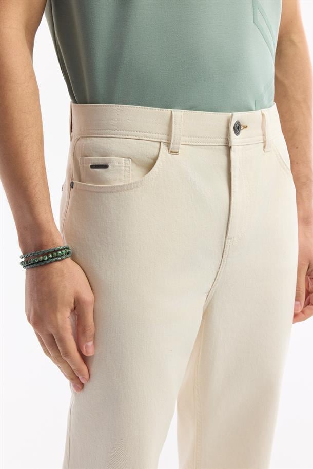 Bej Düz Yıkama Straight Fit Pantolon