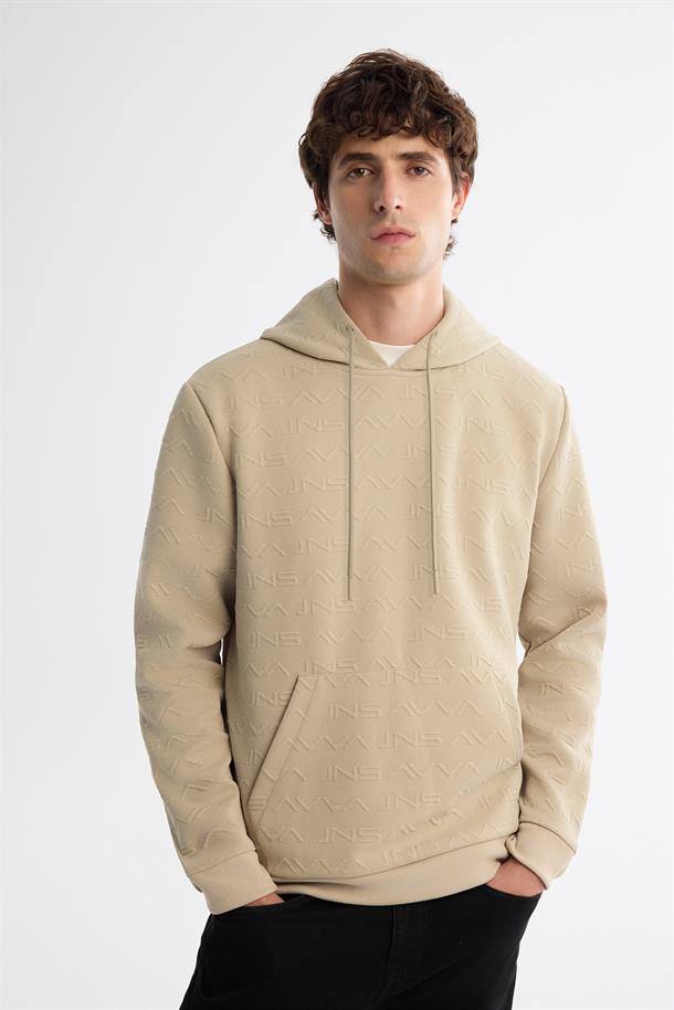 Bej Kapüşonlu Baskılı Sweatshirt
