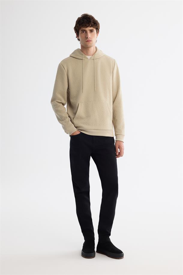 Bej Kapüşonlu Baskılı Sweatshirt