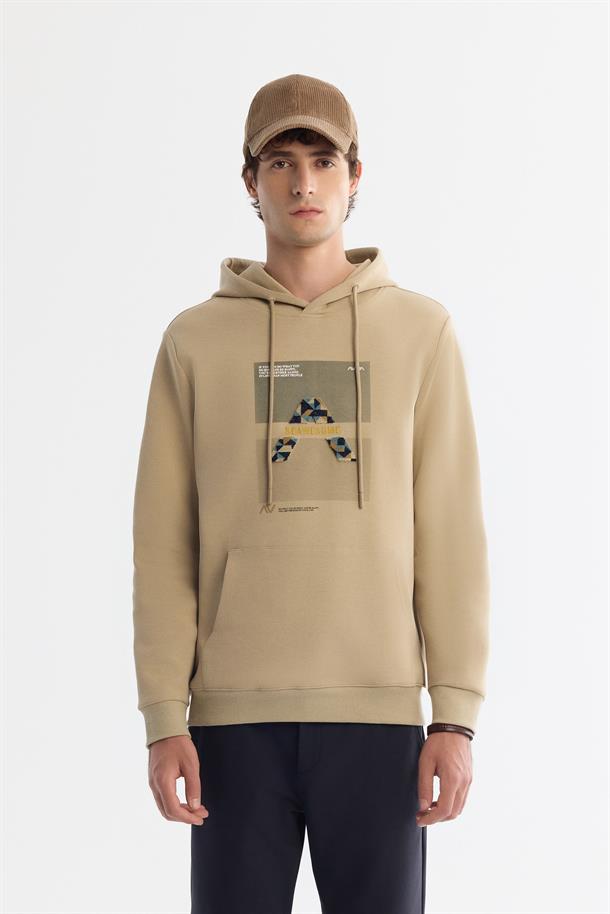 Bej Kapüşonlu Pamuklu Baskılı Elastan Sweatshirt