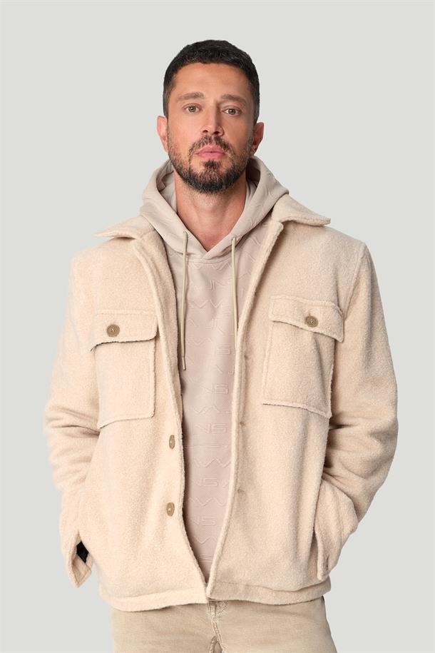 Bej Kapüşonlu Yaka Baskılı Sweatshirt