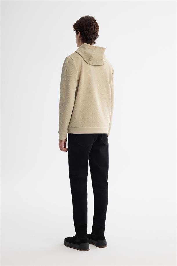 Bej Kapüşonlu Yaka Jakarlı Sweatshirt