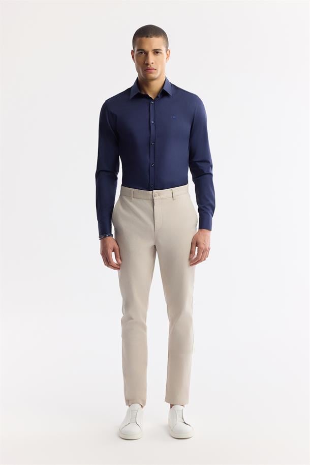 Bej Klasik Bel Armürlü Pamuk Karışımlı Lamus Slim Fit Chino Pantolon
