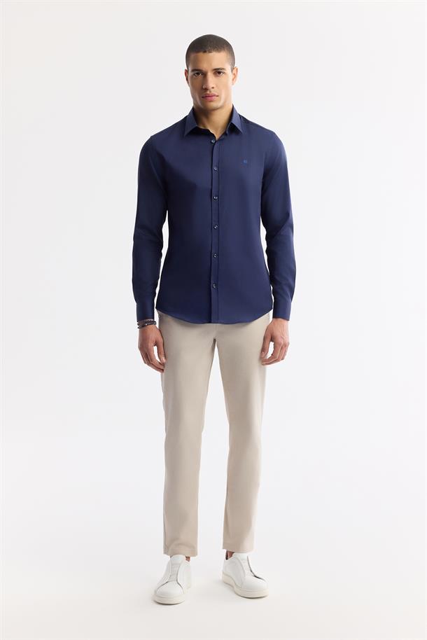Bej Klasik Bel Armürlü Pamuk Karışımlı Lamus Slim Fit Chino Pantolon