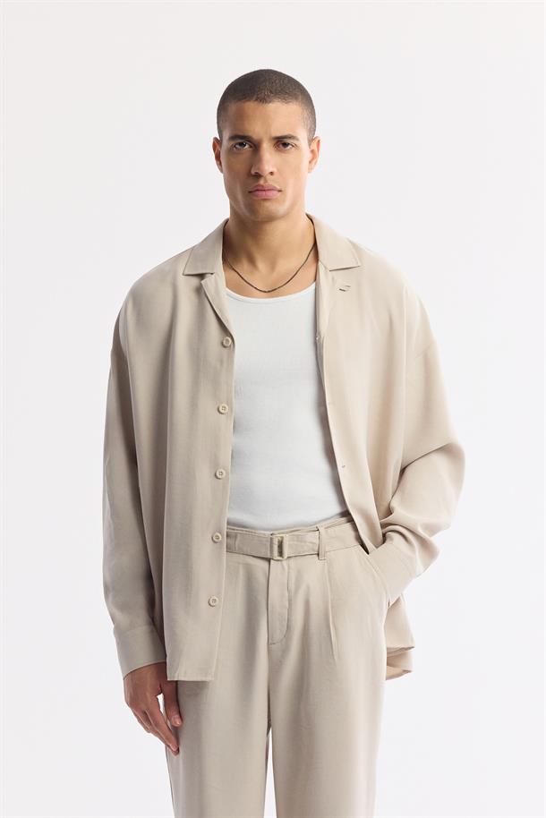 Bej Klasik Bel  Toka Detaylı Modal Karışımlı Knidos Baggy Fit Pantolon