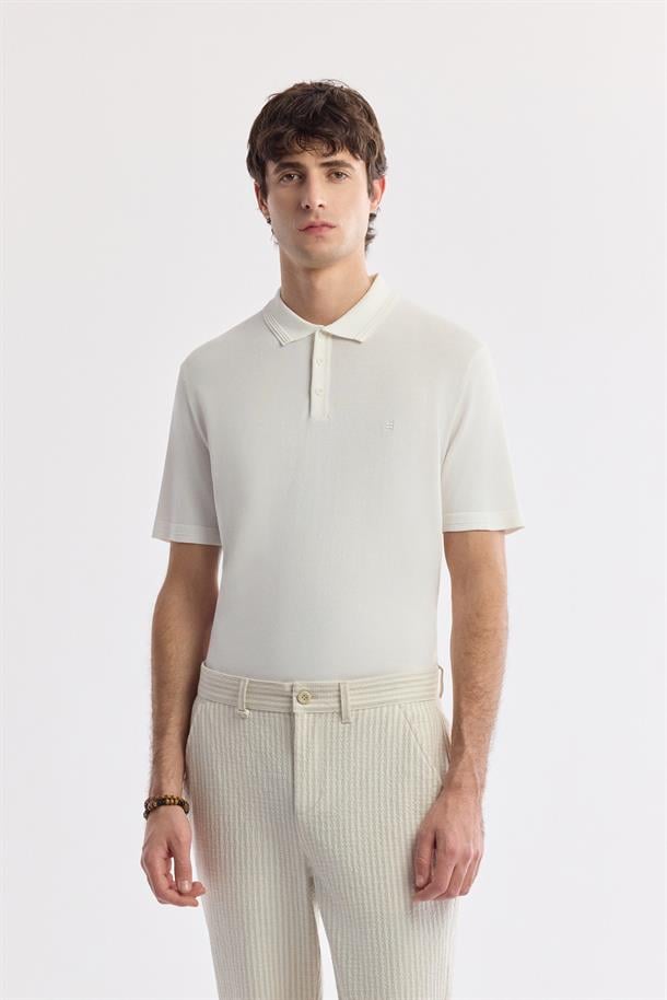 Bej Klasilk Bel Gofre Çizgili Perintos Relaxed Fit Pantolon