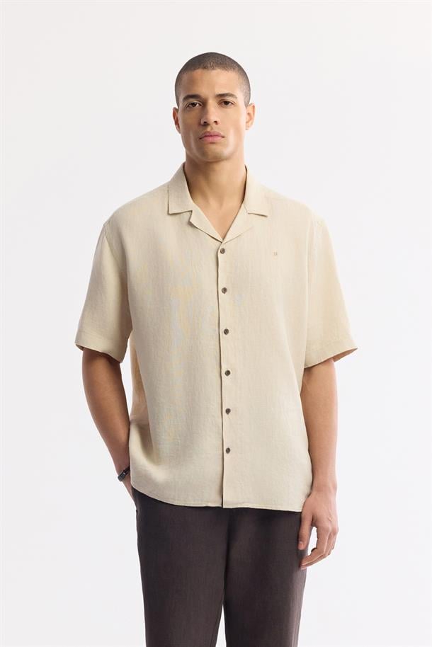 Bej Küba Yaka %100 Keten Kısa Kol Rahat Kesim Oversize Fit Kısa Kol Gömlek