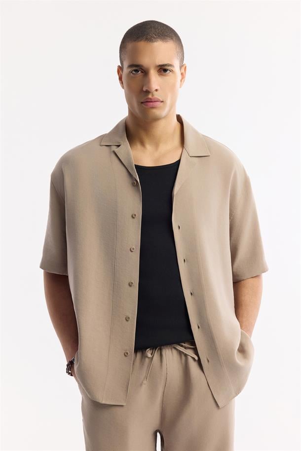 Bej Küba Yaka Modal Karışımlı Oversize Fit Kısa Kol Gömlek