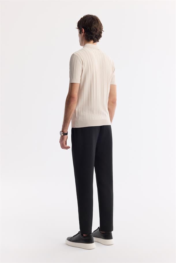 Bej Polo Yaka Fermuarlı Fitil Örgü Detaylı Rayon Triko T-shirt