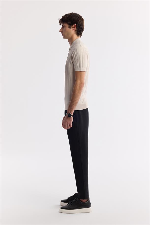 Bej Polo Yaka Fermuarlı Fitil Örgü Detaylı Rayon Triko T-shirt