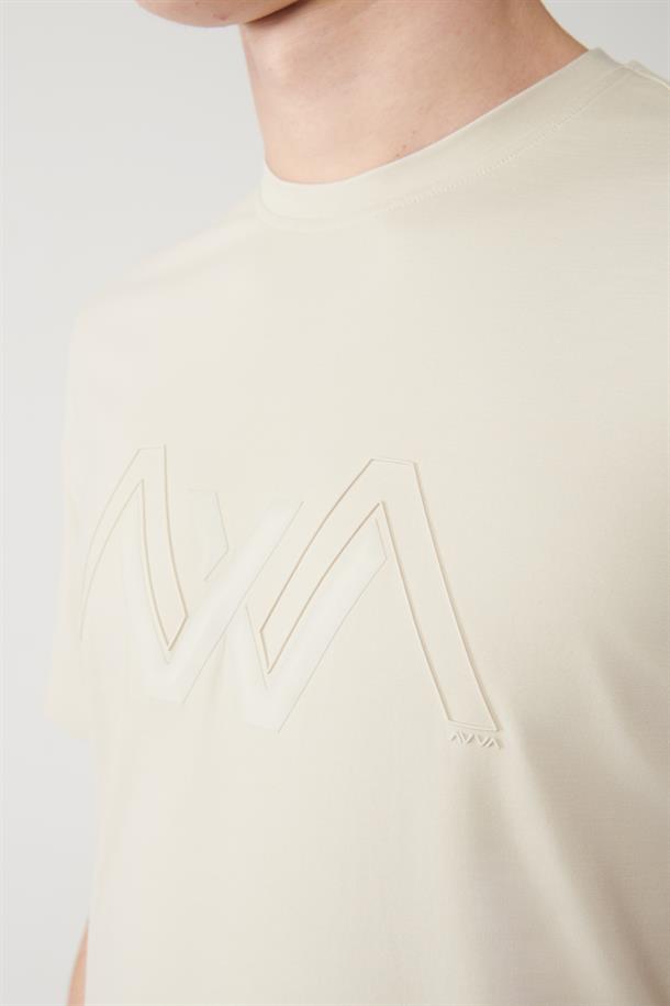 Bej Soft Touch Baskılı Bisiklet Yaka T-shirt