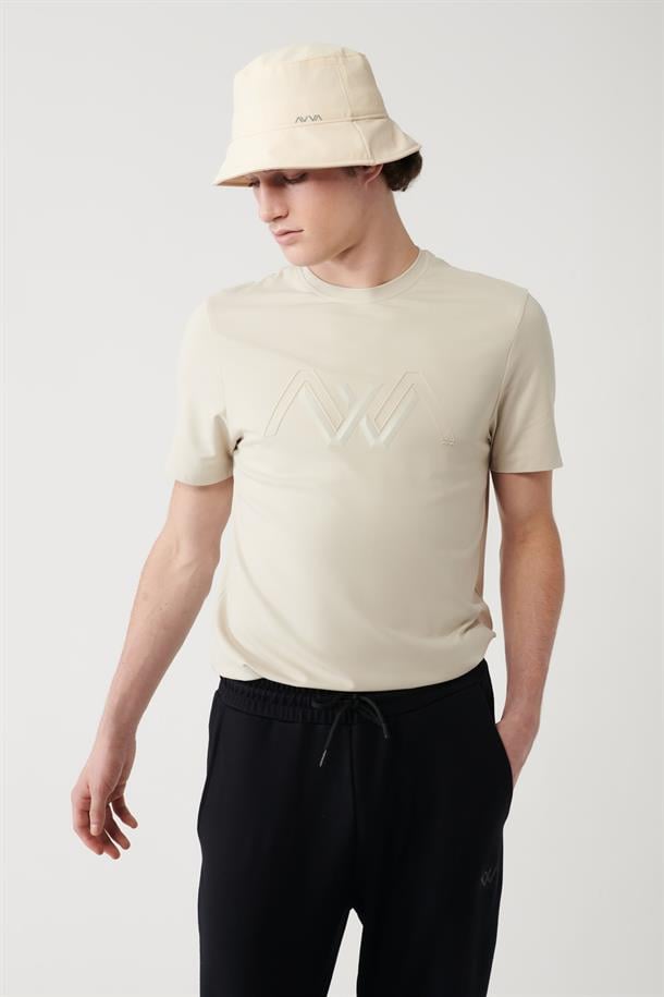 Bej Soft Touch Baskılı Bisiklet Yaka T-shirt
