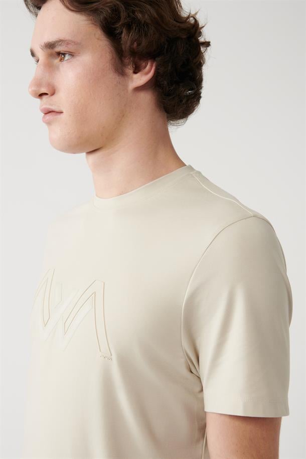 Bej Soft Touch Baskılı Bisiklet Yaka T-shirt