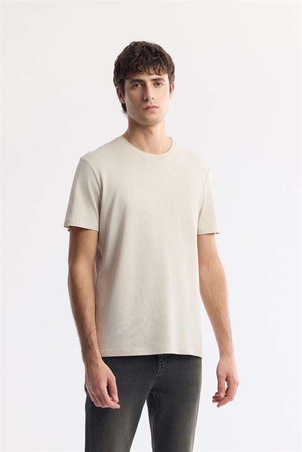 Bej Soft Touch Bisiklet Yaka Düz Modal T-Shirt