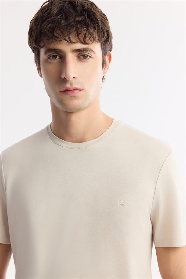 Bej Soft Touch Bisiklet Yaka Düz Modal T-Shirt